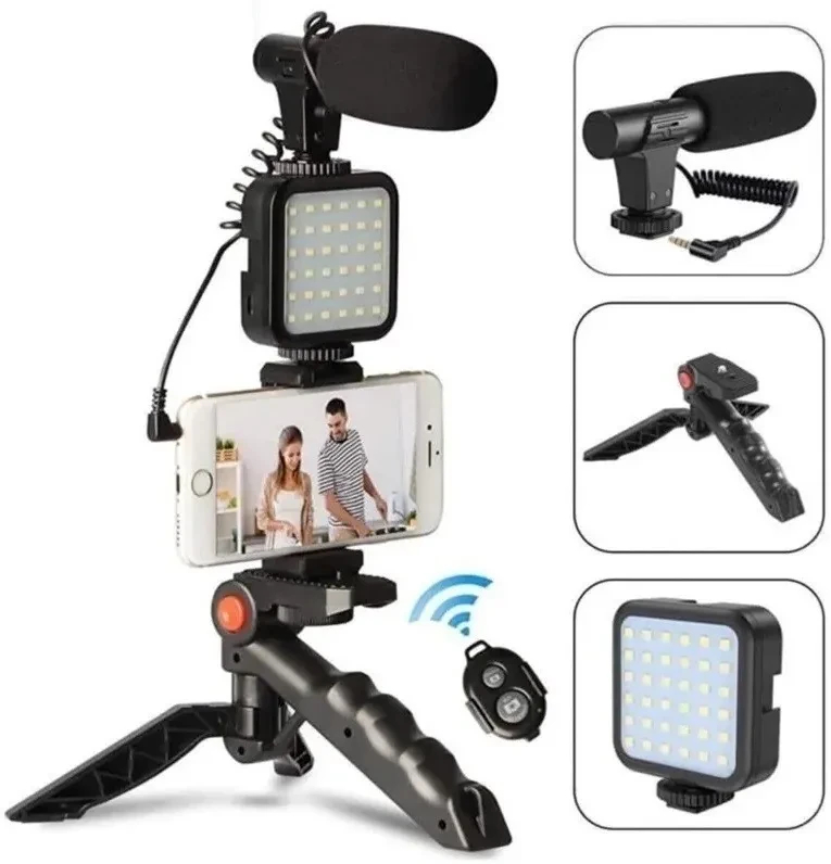 Kit para video y streaming: trípode, luz LED y micrófono