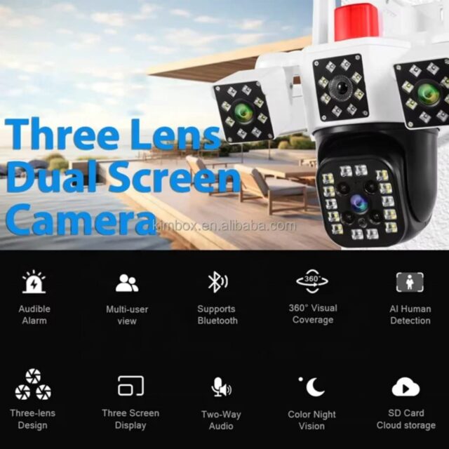 Cámara de seguridad Wi-Fi de 3 lentes para exteriores