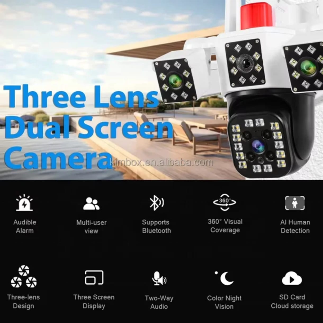 Cámara de seguridad Wi-Fi de 3 lentes para exteriores